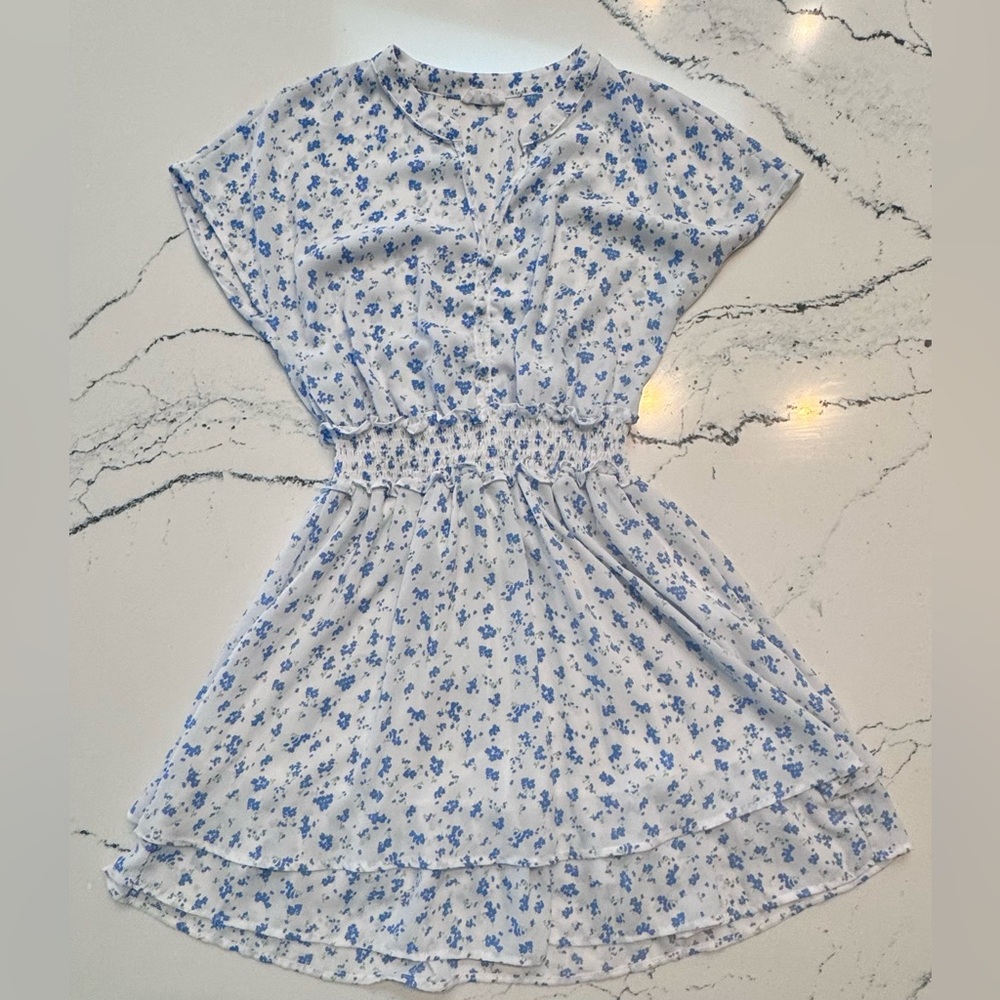 Sienna Sky Blue Floral Mini Dress XS Button Front Tiered